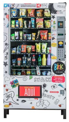 an automated snack vending machine with snacks and drinks on the front, sitting in front of a white background