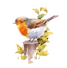 a watercolor painting of a bird sitting on a post with yellow leaves around it