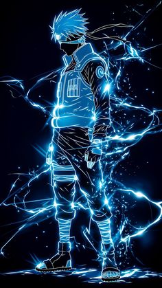 an anime character with blue hair standing in front of some lights and lines on a black background