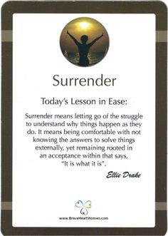 a card with an image of a person holding their arms up in the air, and text that reads, surrender today's lesson in ease