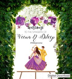 a welcome sign for the newly married couple in front of purple flowers and greenery