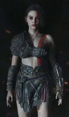 a woman dressed in armor and holding her hands on her hips, standing against a dark background