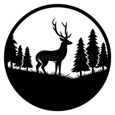 a black and white silhouette of a deer in the woods