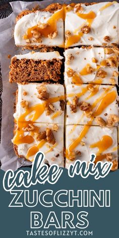 cake mix zucchini bars with white frosting and caramel drizzle on top