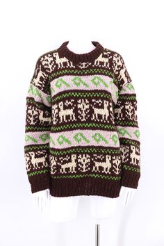 Handknit sweater in brown, cream and green. Wool knit with cute Llamas. Looks best worn a bit oversized. Heavy wool, very warm ! * No tags or labels * Handmade * 100% wool * Excellent condition * Dry Clean * Peru *Dimensions* * Size M : Bust= 42 Length= 27 Sleeve= 23 ALL SALES FINAL Brown Crew Neck Knitted Sweater, Cute Llamas, Heavy Knit Sweater, Llama Print, Bohemian Tunics, Knit Sweater Top, Cute Llama, Trim Jacket, Heavy Knit