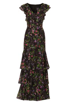 A bloom-splashed print adorns the graceful drape of this delicately charming gown cut in a tiered silhouette. 62" length Hidden back-zip closure Deep V-neck with ties Cap sleeves Lined 100% polyester Dry clean Imported Tiered Floral Print Maxi Dress For Evening, Floral Print Tiered Maxi Dress For Evening, Elegant Floral Print Tiered Maxi Dress, Elegant Floral Print Tiered Skirt Maxi Dress, Elegant Tiered Skirt Maxi Dress With Floral Print, Chiffon Gown, Adrianna Papell, Deep V Neck, Cap Sleeves