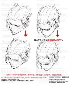 an anime character's head is shown in three different ways, including the upper half and