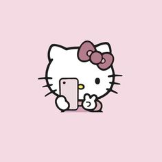 the hello kitty wallpaper is pink and has an image of a cat holding a cell phone