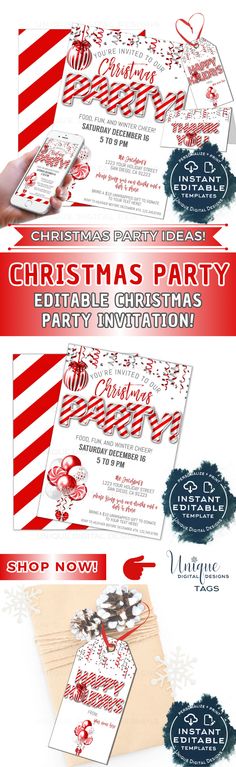 christmas party flyer with red and white stripes