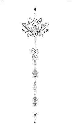 a black and white drawing of a lotus flower on a long line with other symbols around it