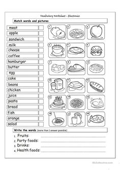 a worksheet with words and pictures to help students learn how to read food