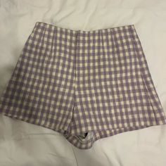 Gingham Light Purple And White Zara Shorts Size Small. Never Worn High Waist Plaid Summer Bottoms, Trendy Gingham Shorts For Day Out, Summer Plaid Bottoms For Day Out, Preppy Gingham Bottoms For Summer, Preppy Summer Bottoms For Picnic, Preppy Spring Bottoms For Picnic, Trendy Gingham Short Bottoms, Trendy Gingham High-waisted Shorts, Trendy Gingham Bottoms Short Length