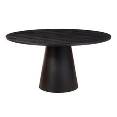 a round wooden table with black legs and an oval top, on a white background