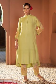 Olive green kurta with floral sequin and resham embroidery on the sleeves. Paired with a pant. - Aza Fashions Designer Green Kurta With Embroidered Sleeves, Fitted Kurta With Embroidered Sleeves For Spring, Resham Embroidery, Women Kurta, Straight Kurta, Band Collar, Set Women, Pant Set, Aza Fashion