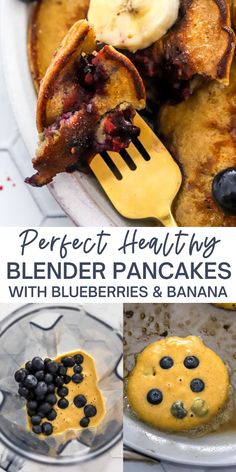 pancakes with blueberries and bananas are shown in this collage