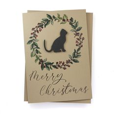 Cat and Wreath Christmas Card Christmas Cat Wreath, Cat Christmas Wreaths, Cat Silhouette Christmas Wreath, Black Cats Wreath, Christmas Wreaths With Cats, Christmas Card Handmade, Black Chocolate, Merry Christmas Wishes, Cat Silhouette