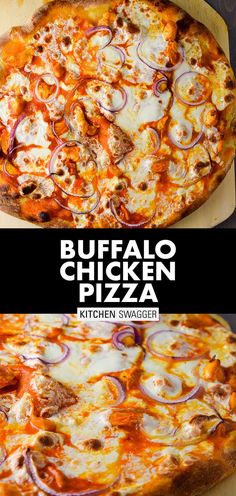 buffalo chicken pizza with onions, cheese and sauce on the top is shown in two separate images