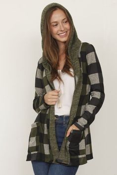 Olive Checkered Hooded Cardigan Plaid Cotton Sweater For Fall, Winter Plaid Cotton Cardigan, Plaid Cotton Cardigan For Spring, Casual Plaid Cardigan For Layering, Hooded Green Cardigan For Fall, Green Hooded Cardigan For Fall, Fitted Plaid Cardigan For Fall, Hooded Cardigan, Falling Down