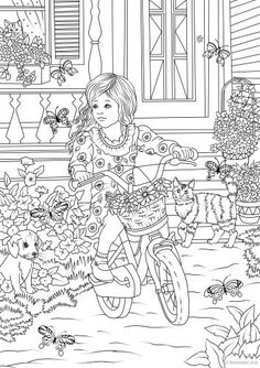 a girl on a bike in the garden with her cat and butterflies coloring page for adults