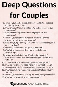 Looking to connect on a deeper level with your partner? These deep questions for couples will guide you through meaningful discussions, ensuring your relationship is built on trust and understanding.  Great for creating lasting bonds.   Save this pin for those moments when you're ready to have a heart-to-heart with your loved one! Talking Phase, Deep Questions For Couples, Social Advice, Prosperity Consciousness, Sarah Wood, Questions For Couples, Psalm 62