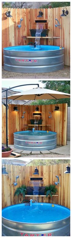 an above ground swimming pool is shown in three different stages, including being used as a hot tub