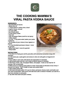 the cooking mamma's virtual pasta vodka sauce recipe is shown in this image