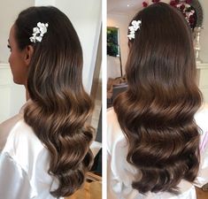 two pictures of the back of a woman's head with long hair and flowers in her hair