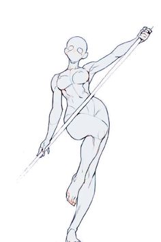 a drawing of a female figure holding a pole with one hand and another arm extended