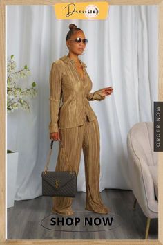 Pleated Long Sleeve Shirt Tops and Straight Pants Outfits Casual Gold Pants For Fall, Casual Gold Pants For Workwear, Casual Long Sleeve Pant Set For Night Out, Long Wide Pants, Pleated Shirt, Shirt Pant Set, Pants Outfits, Loose Shirts, Pleated Pants