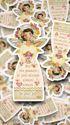 an assortment of stickers with angels and flowers on them, all in different colors