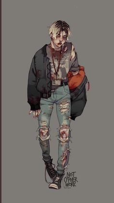 a drawing of a man in ripped jeans and a jacket with his hand on his hip