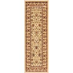 a beige and red rug with an ornate design on the bottom, in front of a white background