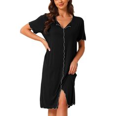 This modal short-sleeved nightshirt decor with contrast ruffled trim, T-shirt dress style, cozy and sweet, offers a sweet lovely, and cozy look, keeping you comfortable all night. Made of soft and stretchy modal fabric, and lovely ruffle decor, this nightgown for women is soft, lightweight, breathable, and comfortable to wear. This short-sleeved nightgown is v-neck and mid-calf length, makes you more charming, and helps to create a cozy refined look. It can also be a perfect gift for ladies as l Cheap Short Sleeve Nightgown For Bedtime, Cheap Casual Short Sleeve Nightgown, Casual Short Sleeve Cheap Nightgown, Casual Short Sleeve Nightgown For Pajama Party, Comfortable Short Sleeve Nightgown For Summer, Comfortable Short Sleeve Summer Nightgown, Short Sleeve Cotton Nightgown For Loungewear, Comfortable Cotton Nightgown With Short Sleeves, Summer Short Sleeve Nightgown For Pajama Party