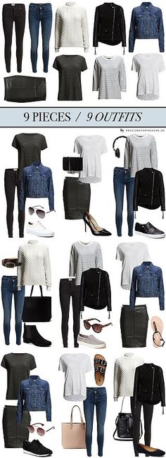 Contains affiliate links: black jeans/Twist & Tango HERE, blue jeans/Maison Scotch HERE, pullover/Gestuz HERE, leather jacket/J. Lindeberg HERE, denim jacket/Levis HERE, skirt/Gestuz HERE, grey T-shir Minimalisticky Chic, Travel Lunch, Minimalist Moda, Indian Travel, Minimal Wardrobe, Mode Tips, Clothes And Shoes, Fashion Capsule, Minimalist Wardrobe