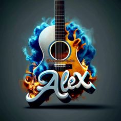 a guitar with the word alex on it in flames and blue flames behind it