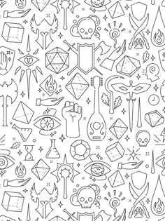 a black and white drawing of various symbols