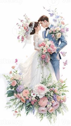 a bride and groom standing next to each other with flowers in front of their faces