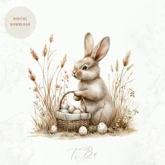 a painting of a rabbit sitting in the grass with an easter basket full of eggs