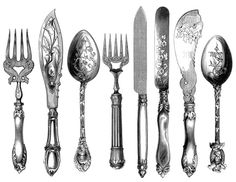 an assortment of silverware including forks, knives and spoons with designs on them