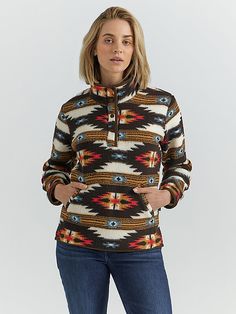 When cold weather takes hold, our Women’s Southwestern Sherpa Quarter Snap Pullover has your back. This Western wardrobe staple is crafted from sherpa for a cozy soft texture, with a bold geometric print to set your look apart. It comes with a 1/4 button closure and a kangaroo pocket for your essentials. Cozying up has never been this cute or as easy. Western Hoodies, Active Wear Fashion, Western Wardrobe, Women's Jackets, Accessories Clothing, Sherpa Fleece, Soft Texture, Style Outfits, Western Style