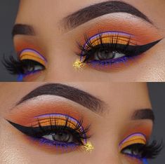 Makeup Colourful, Purple Cut Crease, Colourful Makeup, Orange Eye Makeup, Make Up Designs, Orange Eyeshadow, Drag Make-up, Yellow Eyeshadow, Red Eyeshadow