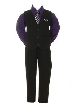 Set includes: tie, handkerchief, shirt, pants, vest | Swanky matching tie and handkerchief | Long sleeve dress shirt with buttons down the front | Pleated and cuffed pants | Dapper vest to complete the outfit | Style: Suit sets for boys | Product: Shannon Kids Suit Outfit Set with Tie - Black & Purple Lilac Shirt, Purple Flower Girl Dress, Grooms Men, Dapper Outfit, Vest And Pants, Suit Outfit, Boys Vest, Boys Sleepwear, Vest Set