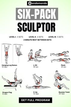 the six pack sculptor workout plan is shown with instructions for each individual