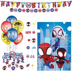 spiderman birthday party supplies including balloons and decorations