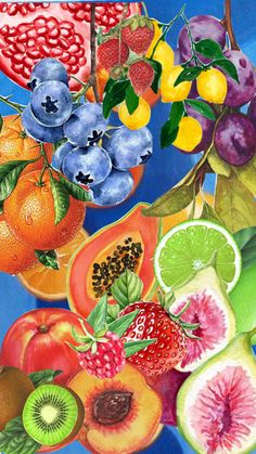 a painting of various fruits and vegetables on a blue background, including apples, oranges, kiwis, lemons, strawberries