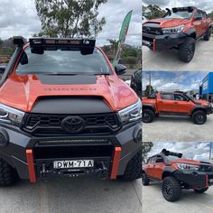 four different views of the front and rear bumpers of a red toyota pickup truck