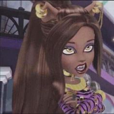 an animated image of a woman with long brown hair and big eyes, wearing purple and yellow striped dress