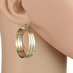 "Versatile Polished Hoop Earrings in Gold, Rose, and Silver Tones.  Attractive Style and Contemporary, Perfect for Day or Evening Wear.  Comes with a Comfortable Lever with Snap Down Closure. Exceptional Value. Makes a perfect gift. Approx. 1.50\" in diameter" Rose Tone, Woven Bracelet, Earrings In Gold, Timeless Gifts, Silver Accessories, Hinged Bangle, Photo Bracelet, Earrings Photo, Tri Color