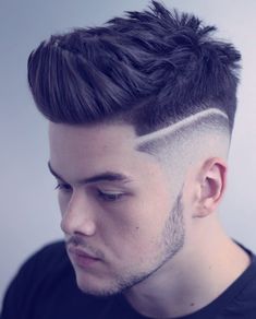 Skin Fade Pompadour, Hard Part Haircut, Textured Haircut, Faded Hair, Messy Short Hair, Men Haircut Styles, Slicked Back Hair, Corte De Cabelo Masculino