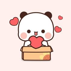 a cute panda bear holding a heart in a box with hearts floating around it's eyes